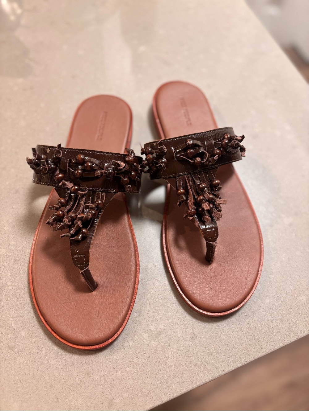 NEW Free People Brown Beaded Fringe Thong Sandals